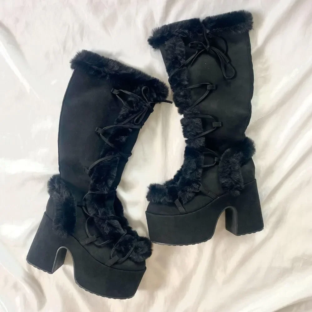Stacked Platform Black Faux Suede Faux Fur Chunky Lace Up Destroyer Boots US 9
